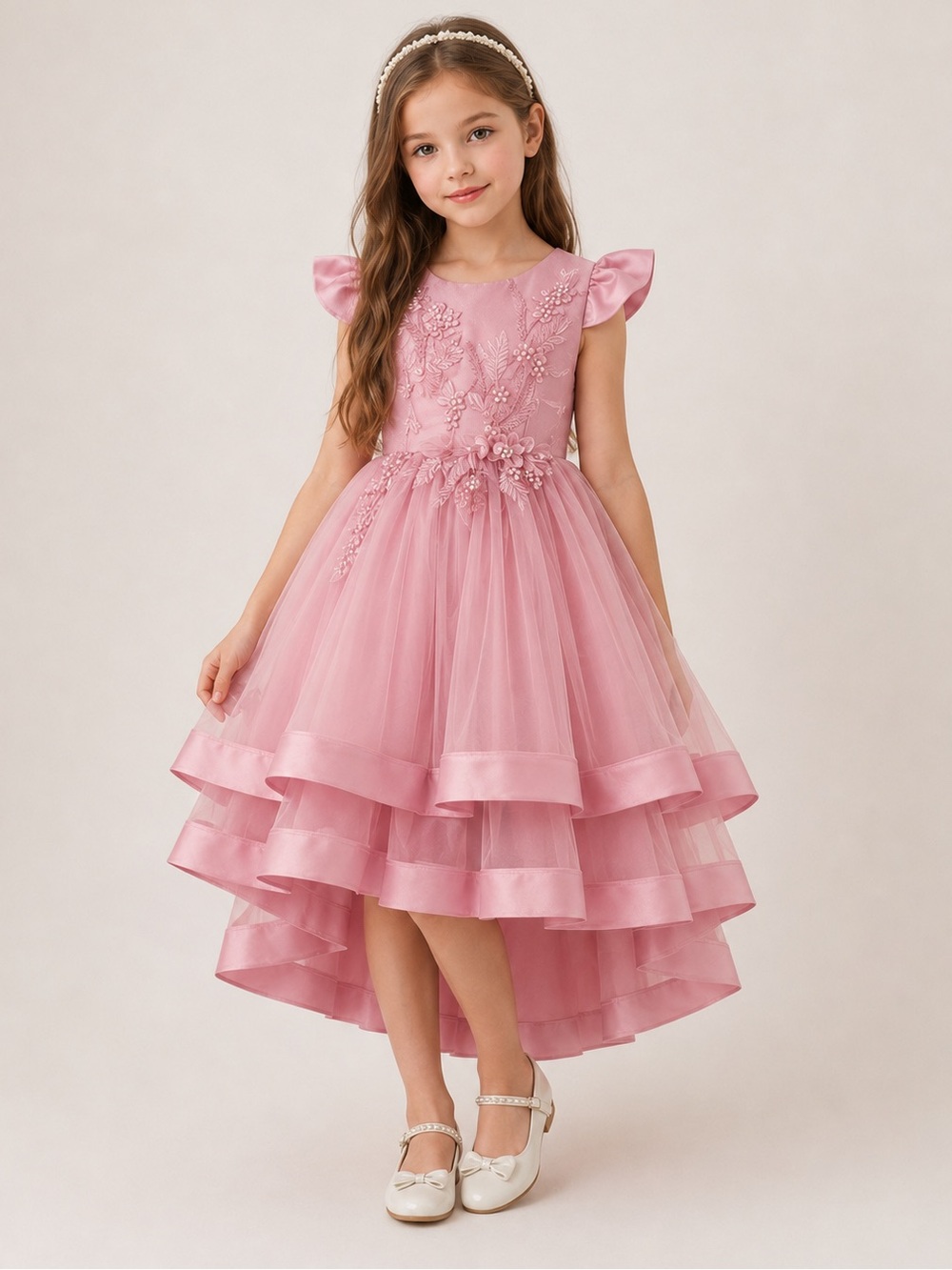 🎉LAST CHANCE🎉 Girls Pink Mesh Princess Dress,Bow Belt Multi Layer Dress